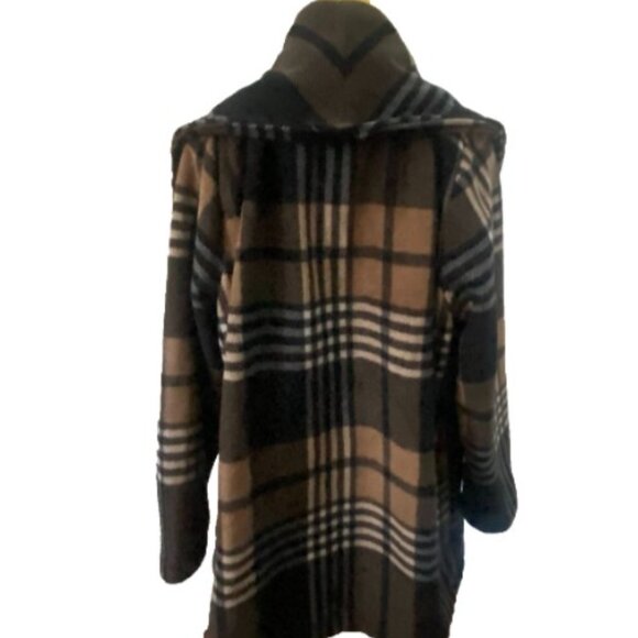 Ellen Reyes Woman Wrap Style Coat Black Tan Cream Plaid Collared Fleece L - Picture 5 of 16